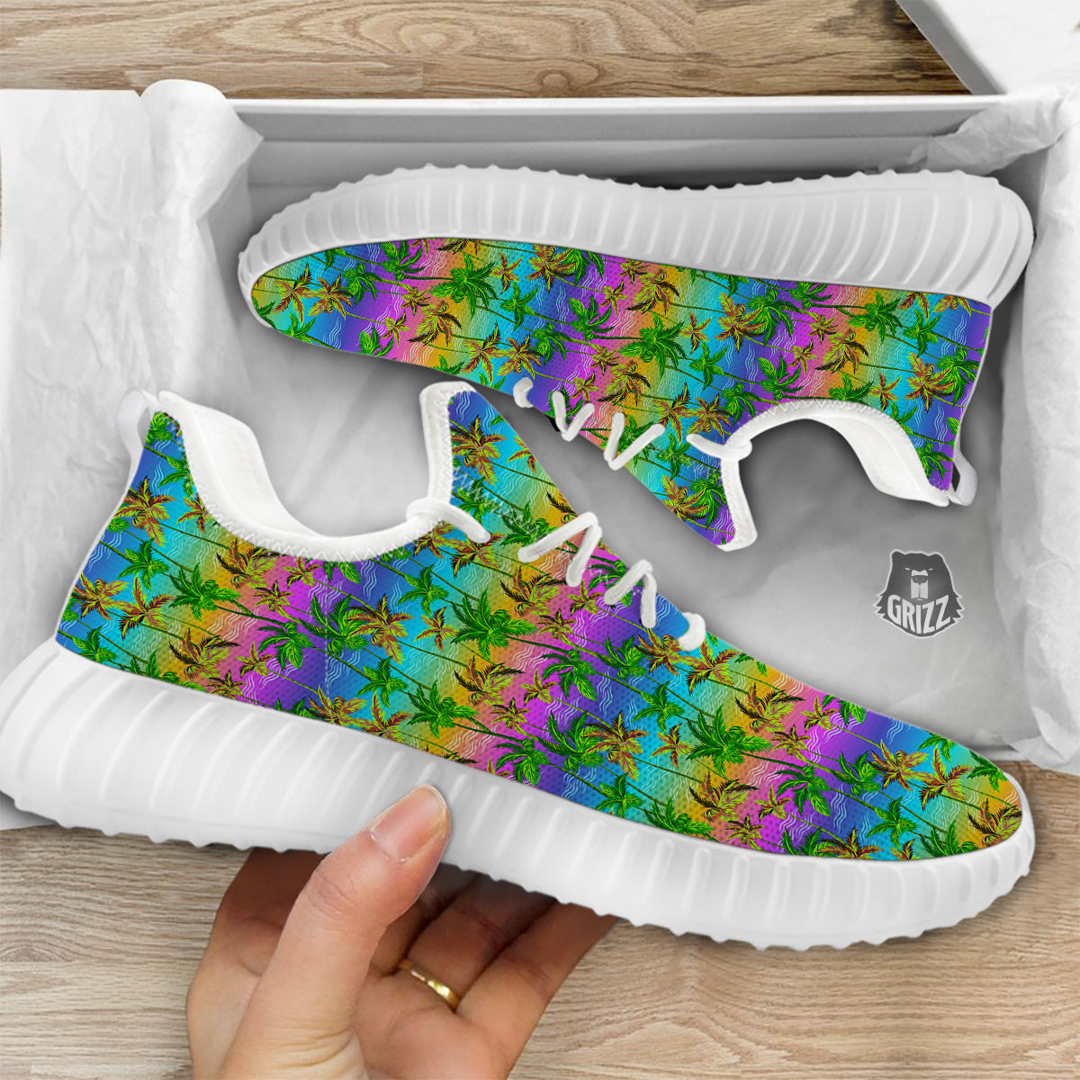 Neon Palm Tree Print Pattern White Walking Shoes-grizzshop