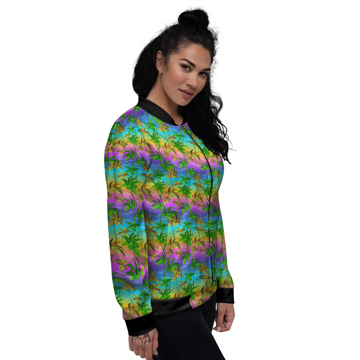 Neon Palm Tree Print Pattern Women's Bomber Jacket-grizzshop