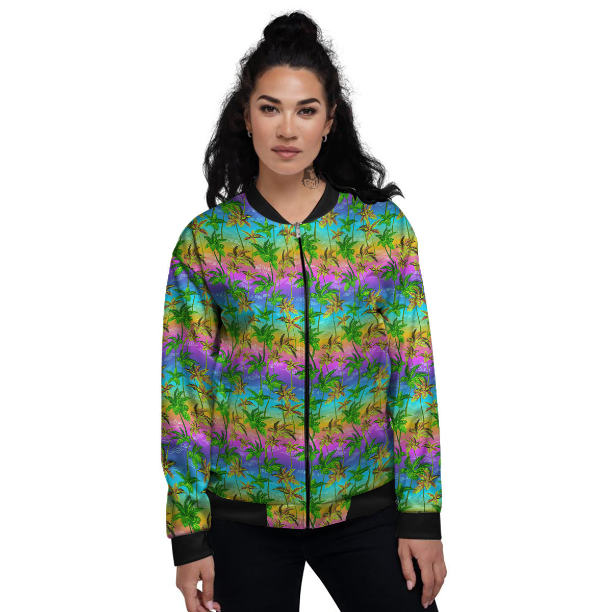 Neon Palm Tree Print Pattern Women's Bomber Jacket-grizzshop