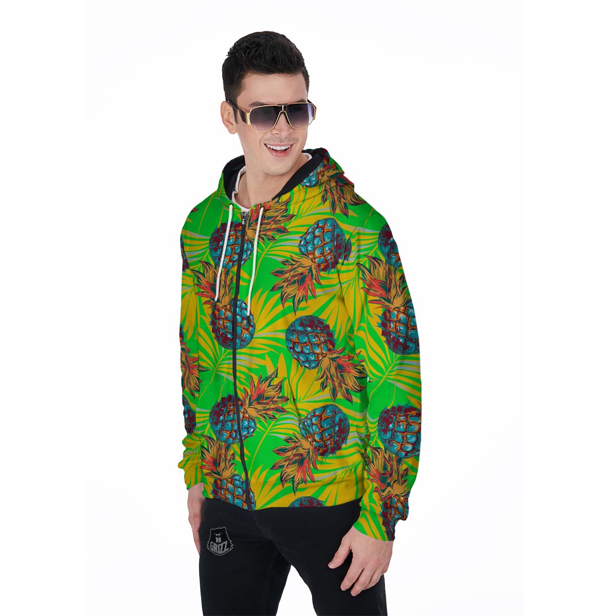 Neon Pineapple Hawaiian Print Men's Zip Up Hoodie-grizzshop