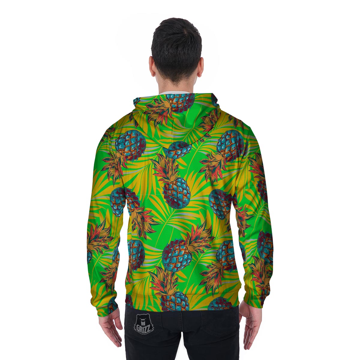 Neon Pineapple Hawaiian Print Men's Zip Up Hoodie-grizzshop