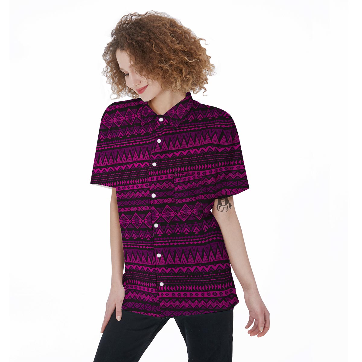 Neon Pink Ethic Aztec Print Women's Short Sleeve Shirts-grizzshop