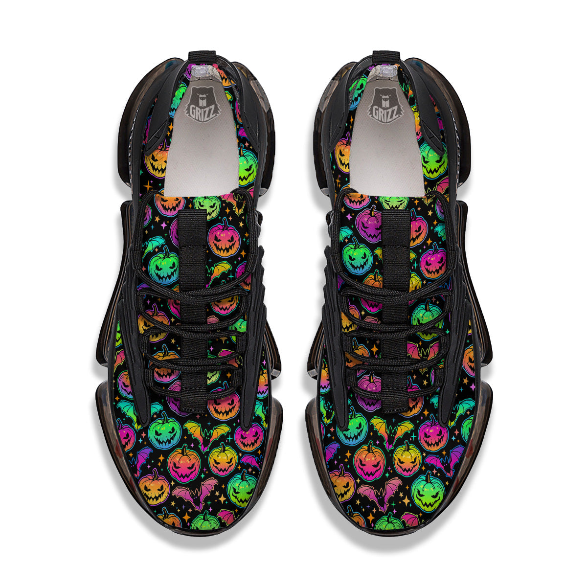Neon Pumpkins And Bat Halloween Print Pattern Black Gym Shoes-grizzshop