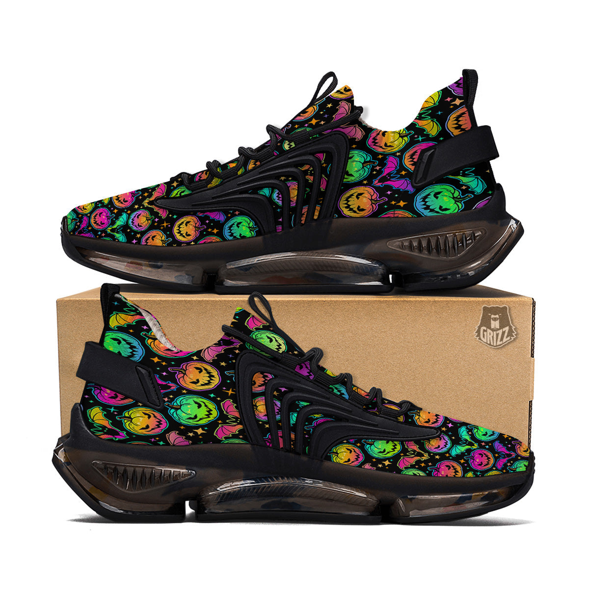 Neon Pumpkins And Bat Halloween Print Pattern Black Gym Shoes-grizzshop