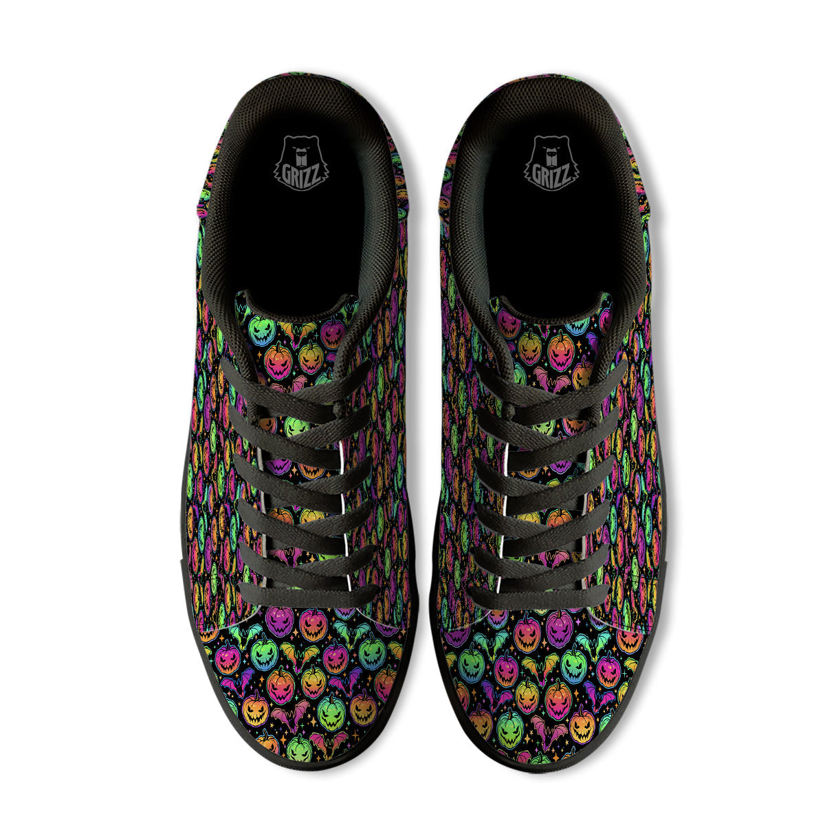 Neon Pumpkins And Bat Halloween Print Pattern Black Low Top Sneakers-grizzshop