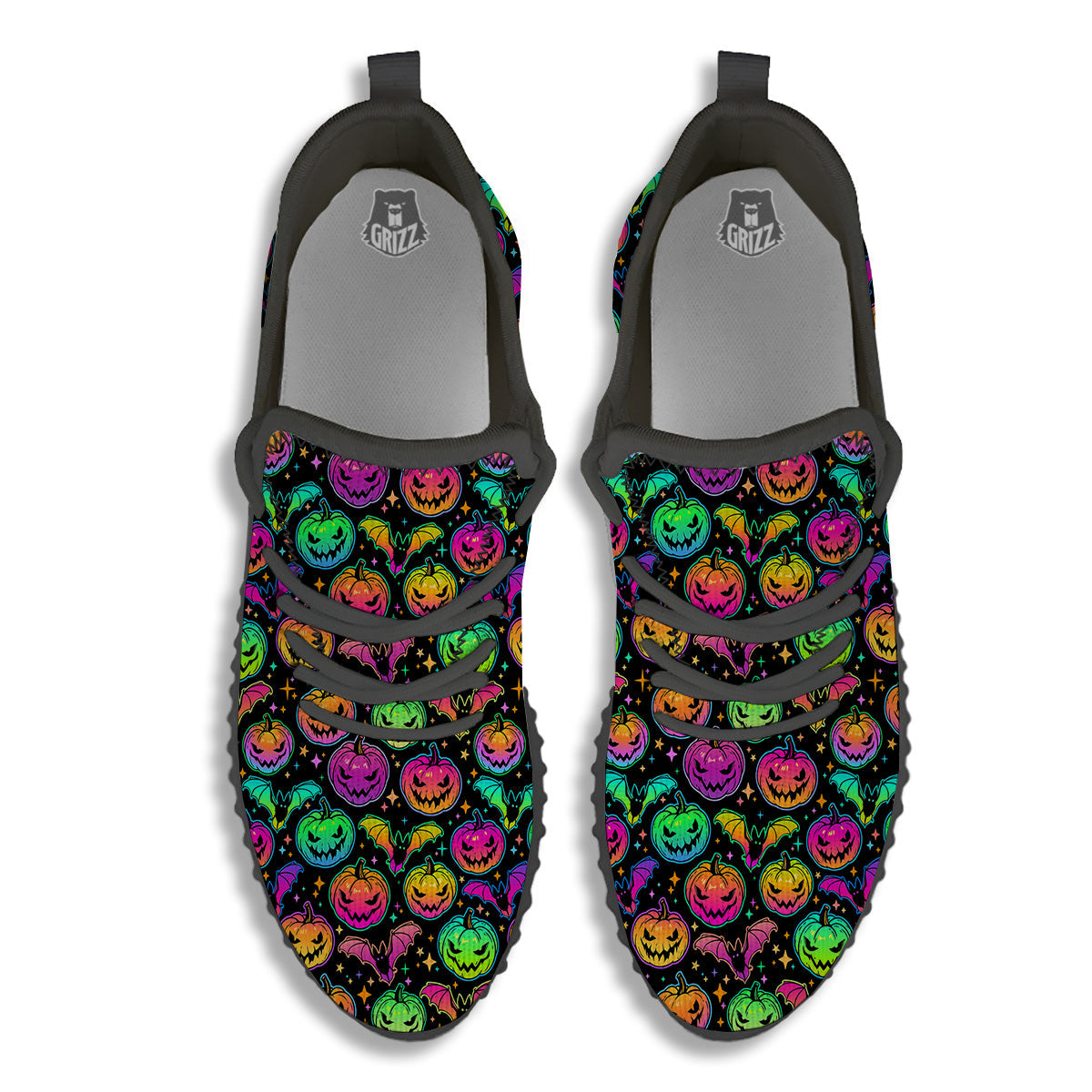 Neon Pumpkins And Bat Halloween Print Pattern Black Walking Shoes-grizzshop