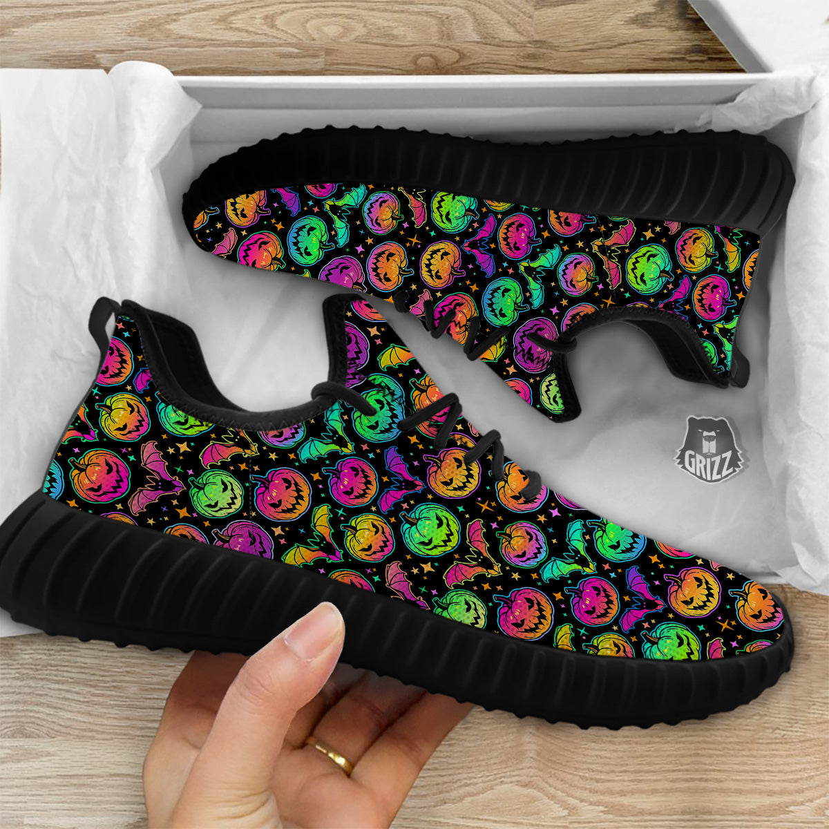 Neon Pumpkins And Bat Halloween Print Pattern Black Walking Shoes-grizzshop