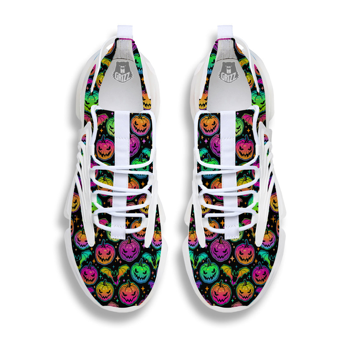 Neon Pumpkins And Bat Halloween Print Pattern White Gym Shoes-grizzshop