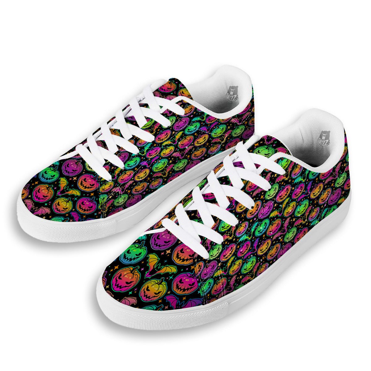 Neon Pumpkins And Bat Halloween Print Pattern White Low Top Sneakers-grizzshop