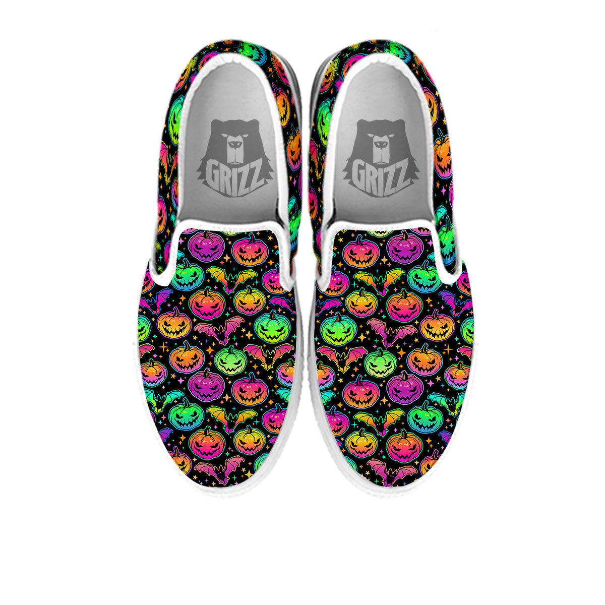 Neon Pumpkins And Bat Halloween Print Pattern White Slip On Shoes-grizzshop