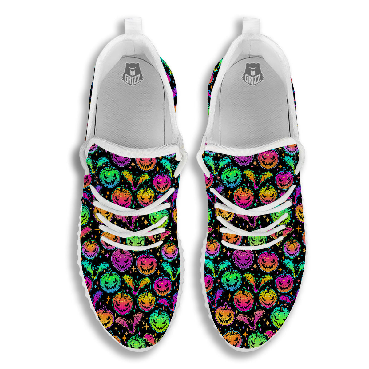 Neon Pumpkins And Bat Halloween Print Pattern White Walking Shoes-grizzshop