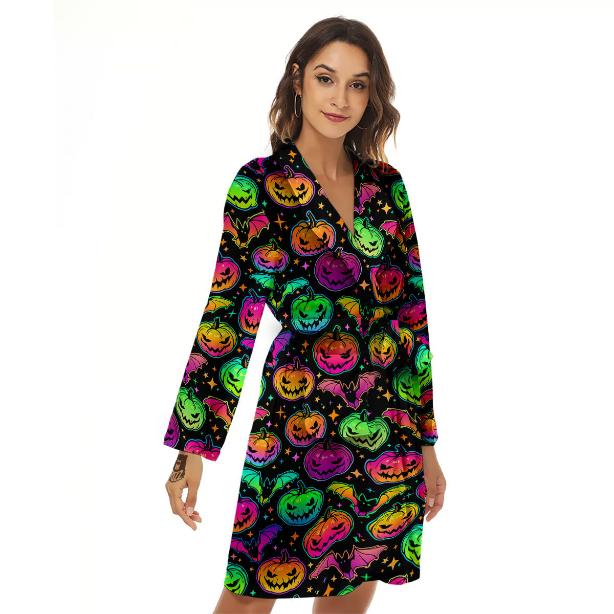 Neon Pumpkins And Bat Halloween Print Pattern Women's Robe-grizzshop