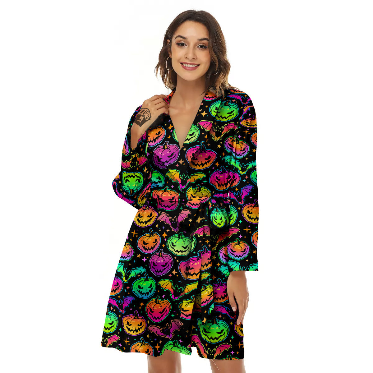 Neon Pumpkins And Bat Halloween Print Pattern Women's Robe-grizzshop