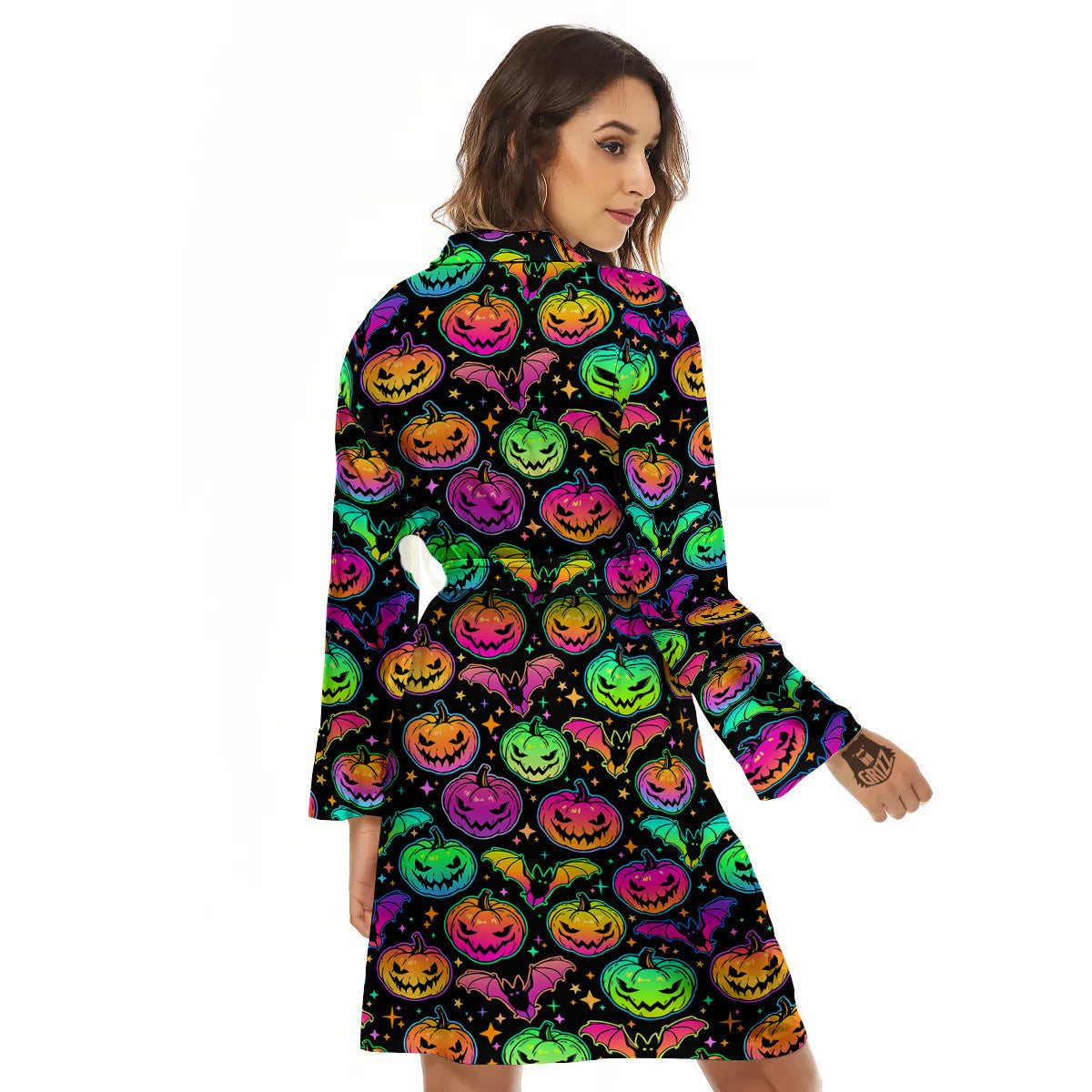 Neon Pumpkins And Bat Halloween Print Pattern Women's Robe-grizzshop