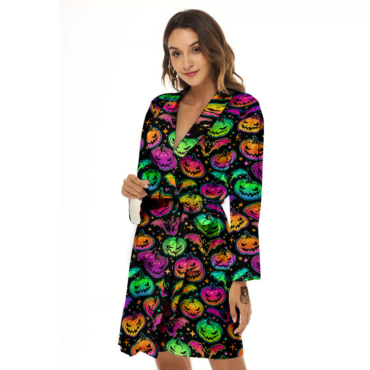 Neon Pumpkins And Bat Halloween Print Pattern Women's Robe-grizzshop