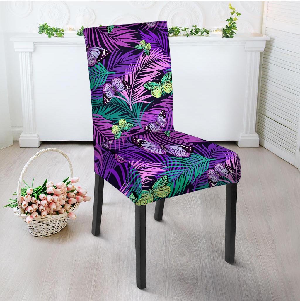 Neon Purple Tropical Palm Tree Butterfly Print Chair Cover-grizzshop