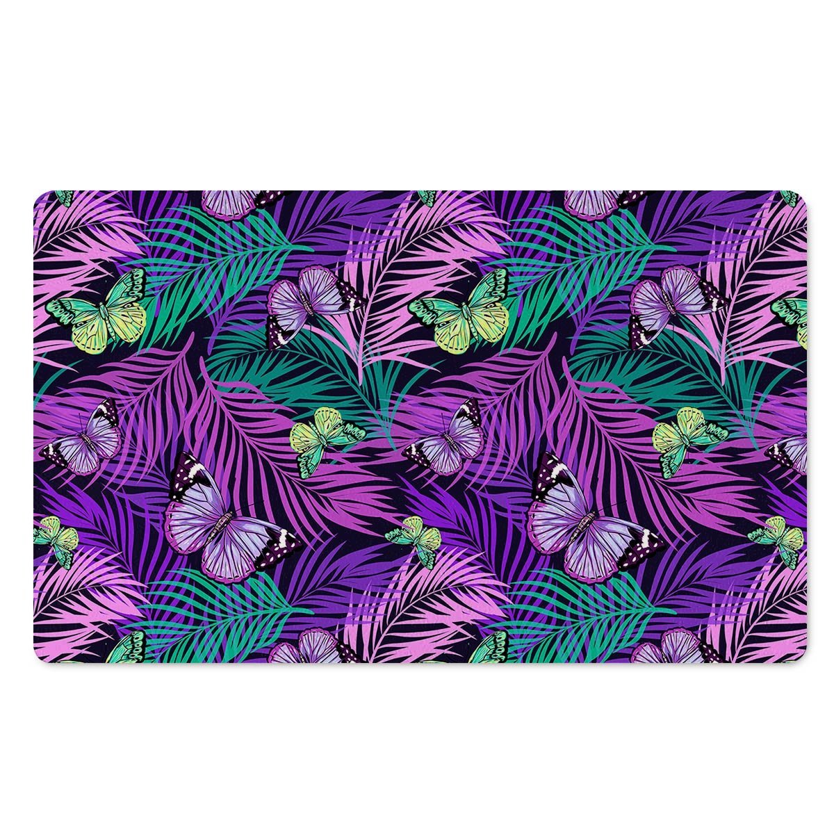 Neon Purple Tropical Palm Tree Butterfly Print Door Mat-grizzshop