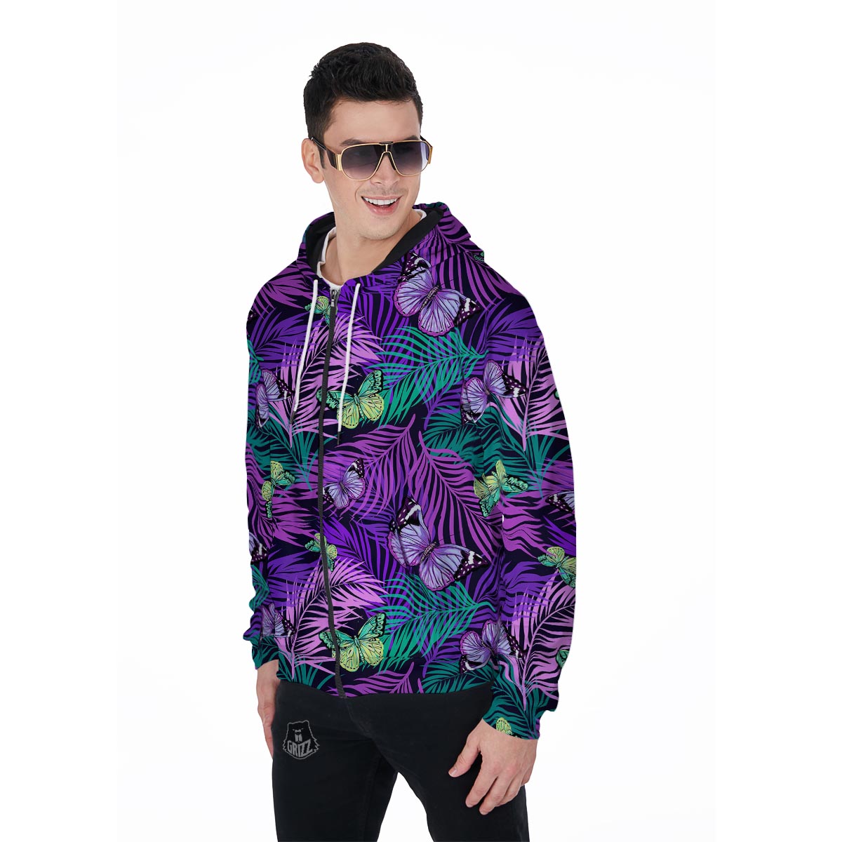 Neon Purple Tropical Palm Tree Butterfly Print Men's Zip Up Hoodie-grizzshop