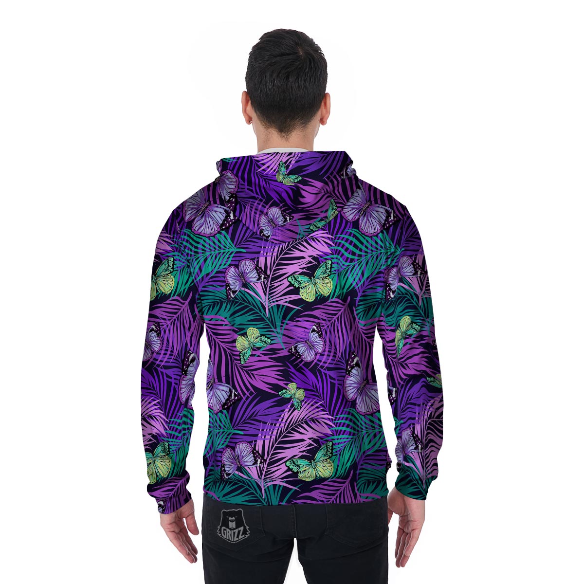 Neon Purple Tropical Palm Tree Butterfly Print Men's Zip Up Hoodie-grizzshop