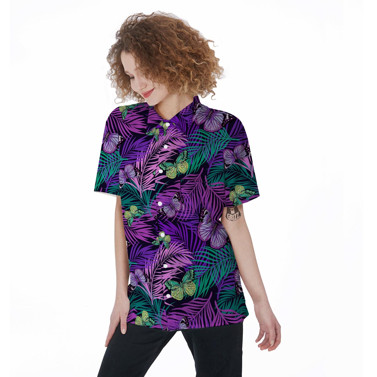 Neon Purple Tropical Palm Tree Butterfly Print Women's Short Sleeve Shirts-grizzshop