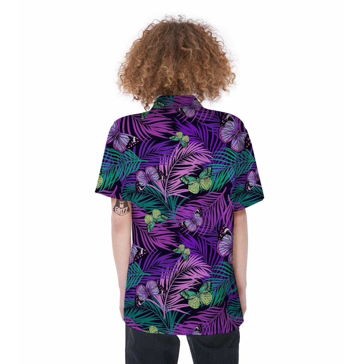 Neon Purple Tropical Palm Tree Butterfly Print Women's Short Sleeve Shirts-grizzshop