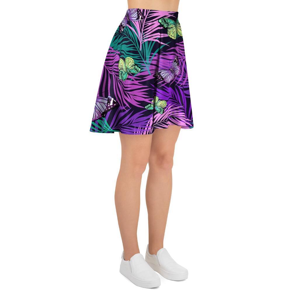 Neon Purple Tropical Palm Tree Butterfly Print Women's Skirt-grizzshop