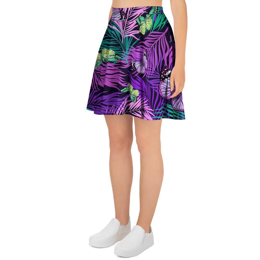 Neon Purple Tropical Palm Tree Butterfly Print Women's Skirt-grizzshop