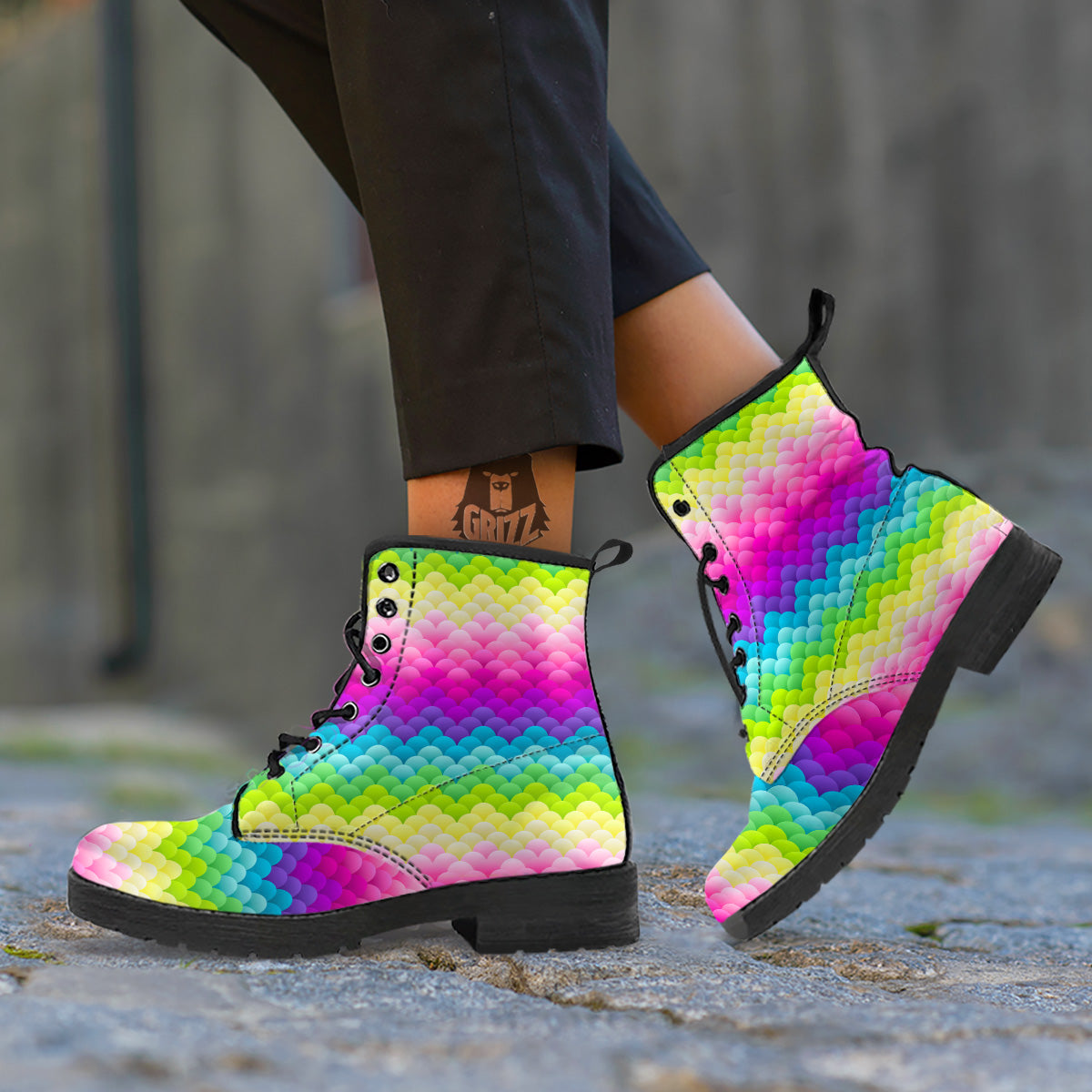 Neon Rainbow Light Blobs Print Pattern Leather Boots-grizzshop