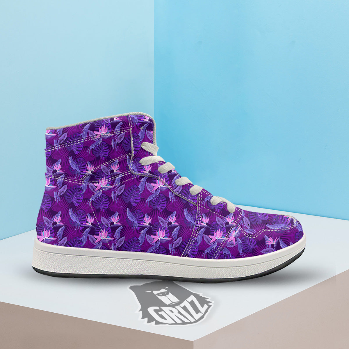 Neon Tropical Foliage And Leave Print Pattern High Top Sneakers-grizzshop