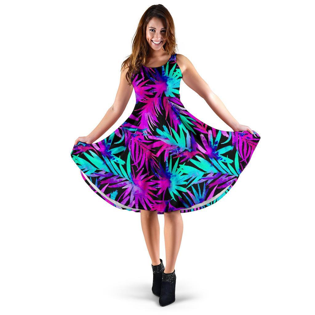 Neon Tropical Palm Leaves Hawaiian Pattern Print Dress-grizzshop