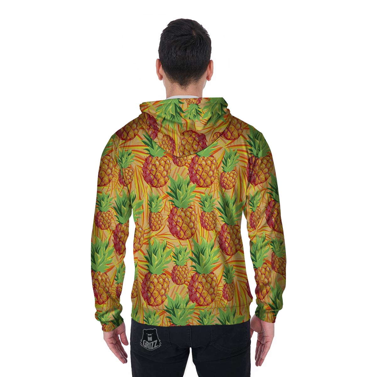 Neon Yellow Pineapple Hawaiian Print Men's Zip Up Hoodie-grizzshop