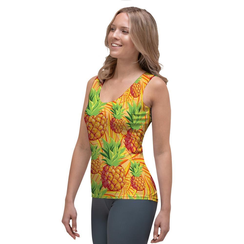 Neon Yellow Pineapple Hawaiian Print Women's Tank Top-grizzshop