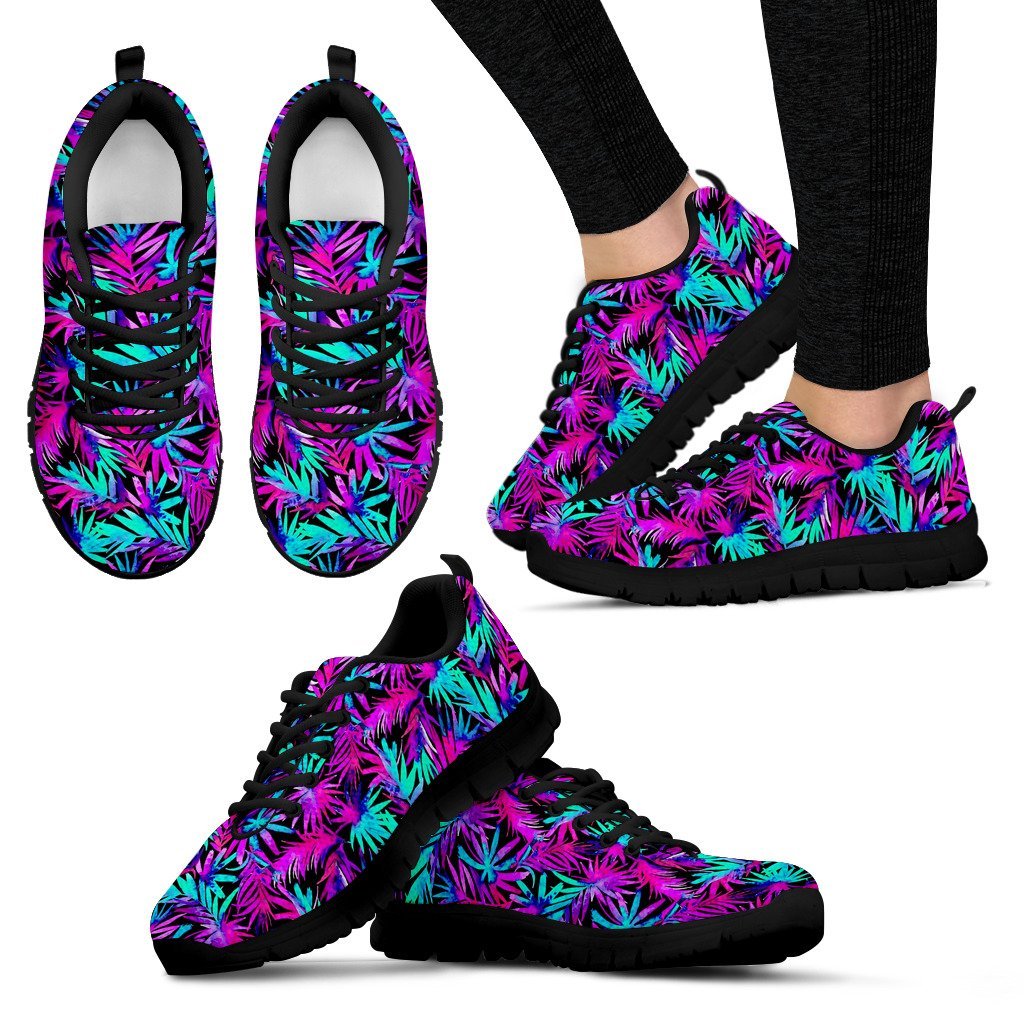 Neon Tropical Palm Leaves Hawaiian Pattern Print Black Sneaker Shoes For Men Women-grizzshop