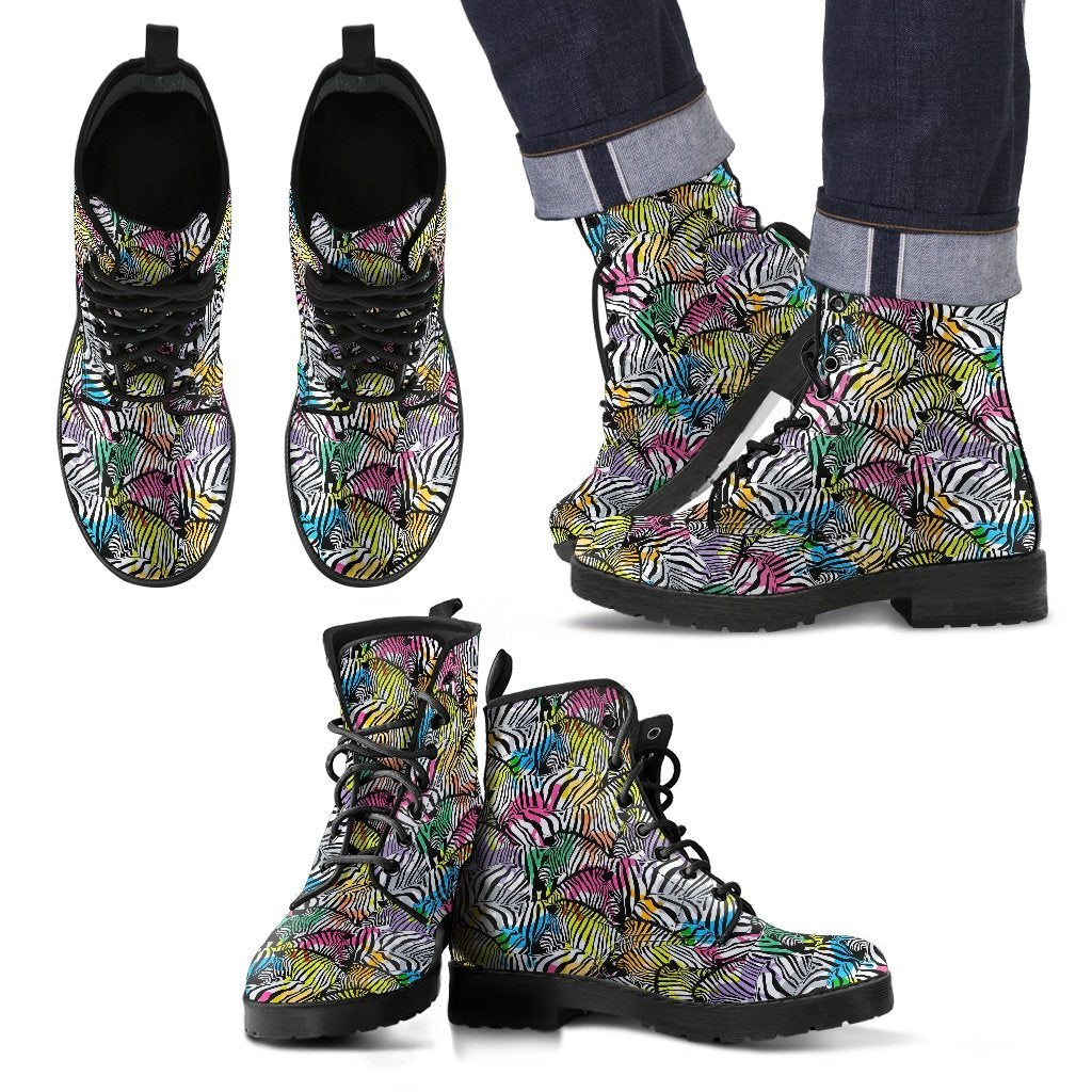 Neon Zebra Pattern Print Men Women Leather Boots-grizzshop