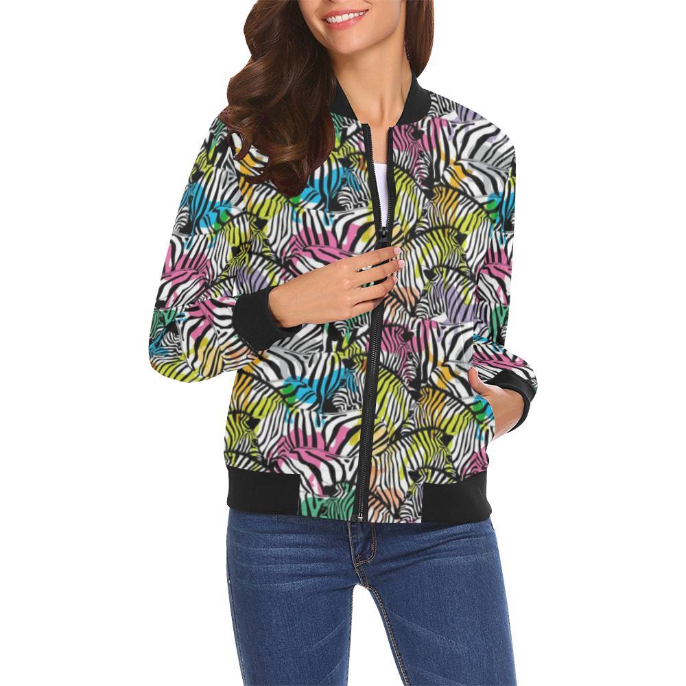 Neon Zebra Pattern Print Women Casual Bomber Jacket-grizzshop