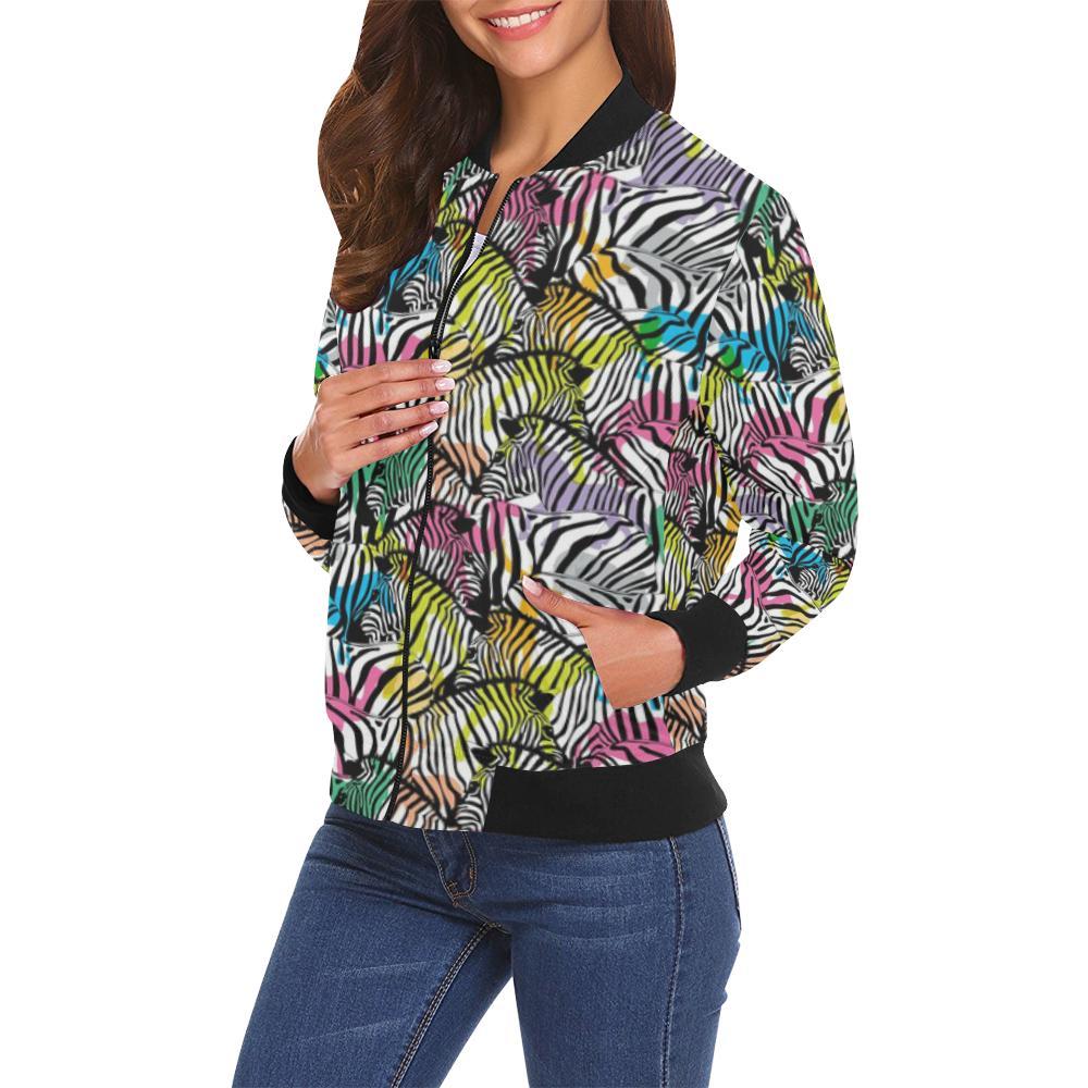 Neon Zebra Pattern Print Women Casual Bomber Jacket-grizzshop