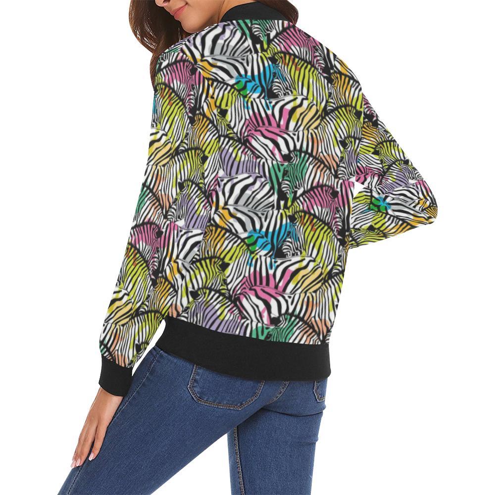 Neon Zebra Pattern Print Women Casual Bomber Jacket-grizzshop