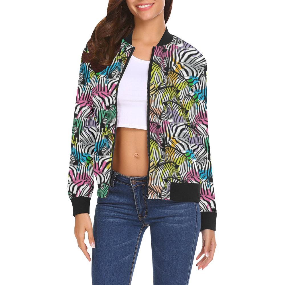 Neon Zebra Pattern Print Women Casual Bomber Jacket-grizzshop