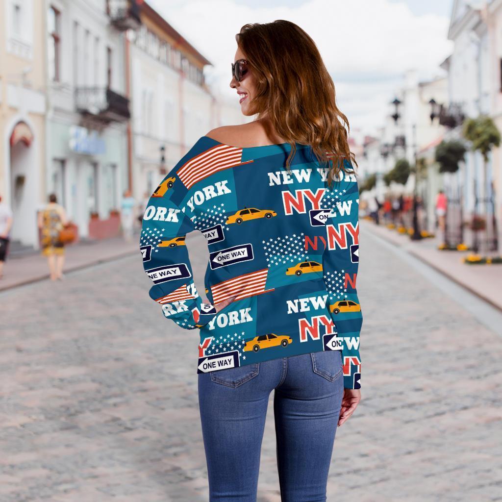 New York Pattern Print Women Off Shoulder Sweatshirt-grizzshop
