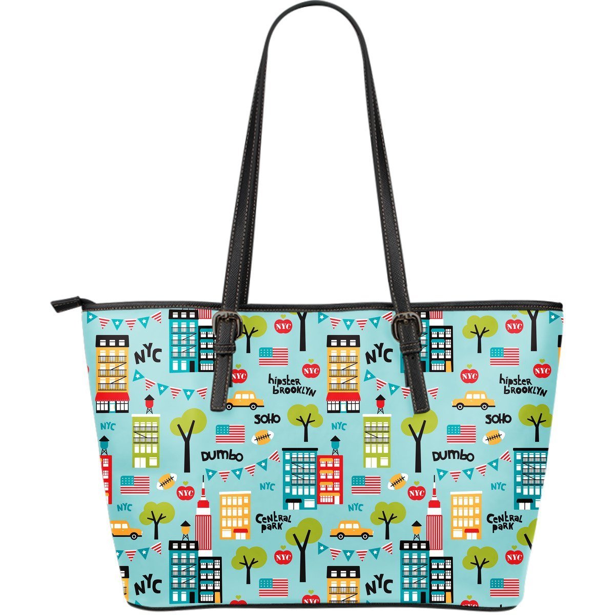 New York Print Pattern Leather Tote Bag-grizzshop