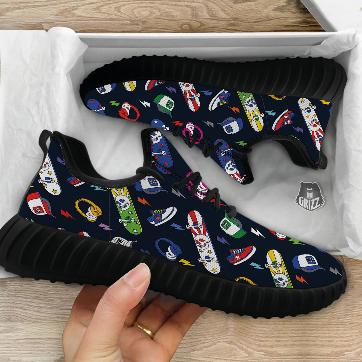 New York Skateboard Colorful Print Pattern Black Walking Shoes-grizzshop