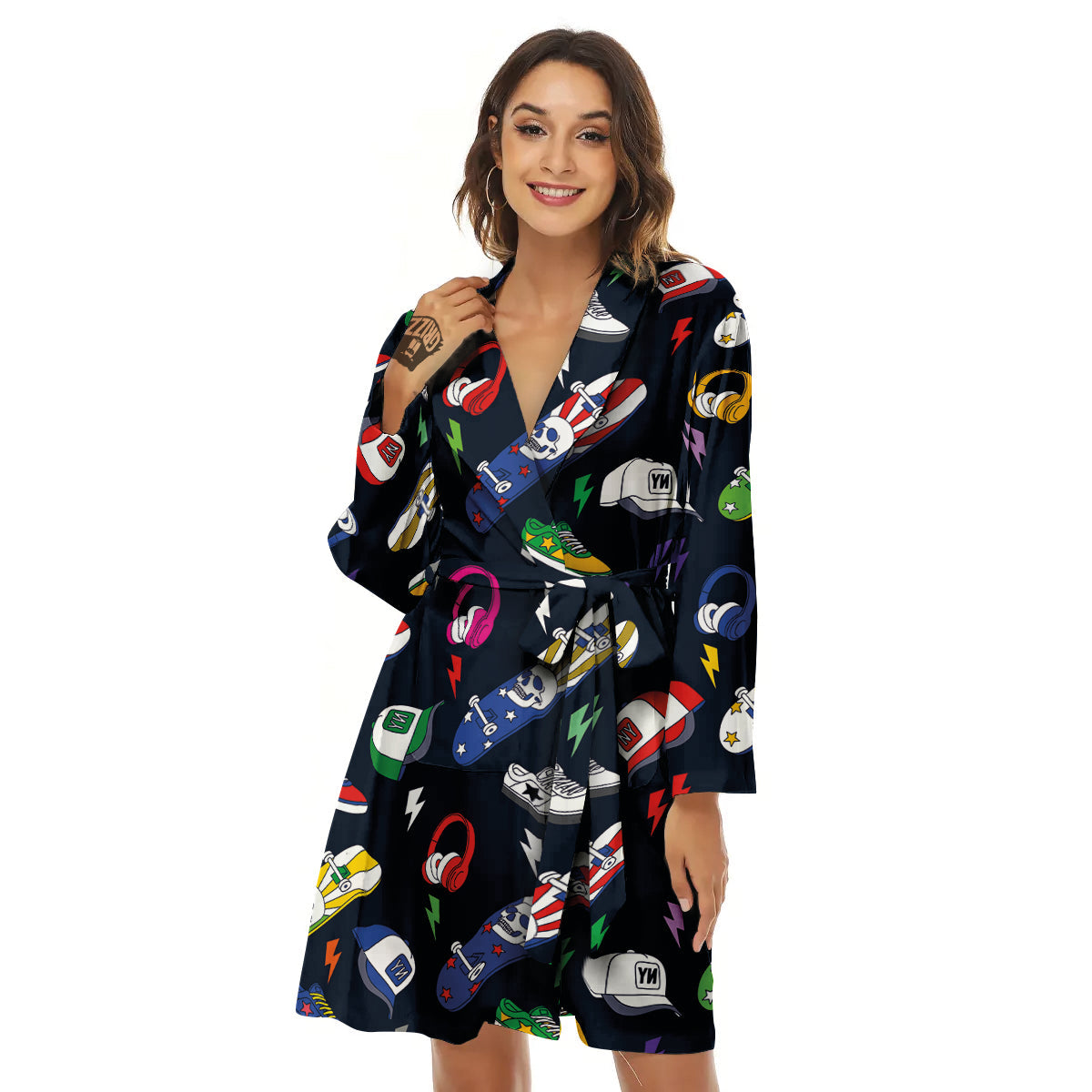 New York Skateboard Colorful Print Pattern Women's Robe-grizzshop
