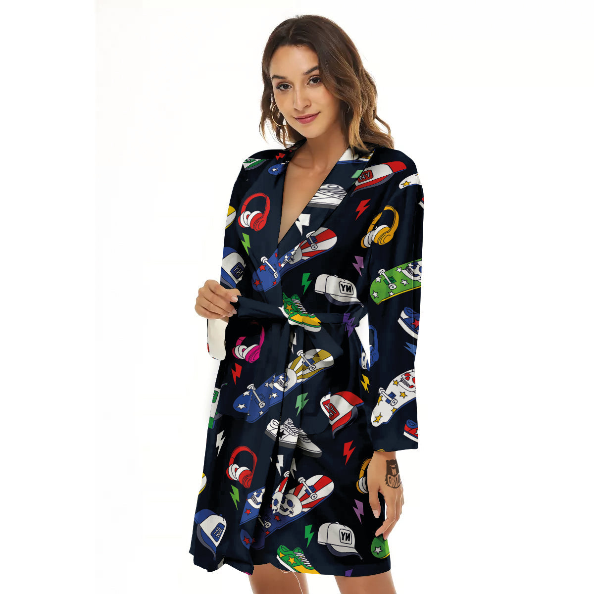 New York Skateboard Colorful Print Pattern Women's Robe-grizzshop