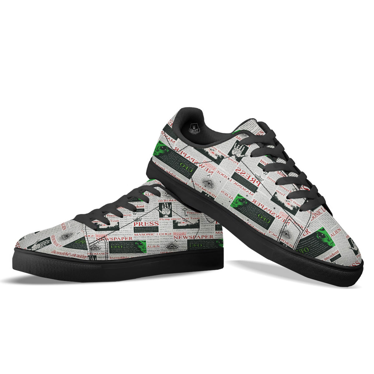 Newspaper Aliens Topic Print Pattern Black Low Top Sneakers-grizzshop