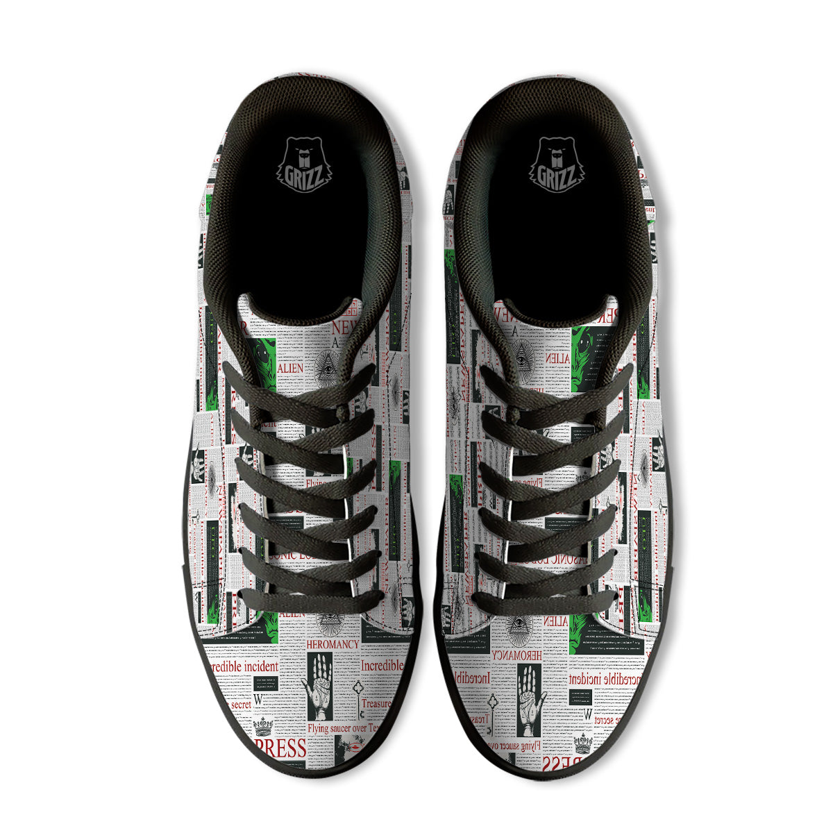 Newspaper Aliens Topic Print Pattern Black Low Top Sneakers-grizzshop