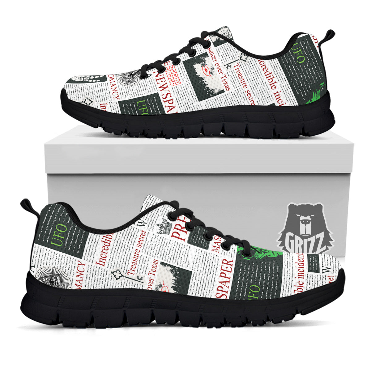 Newspaper Aliens Topic Print Pattern Black Sneaker-grizzshop
