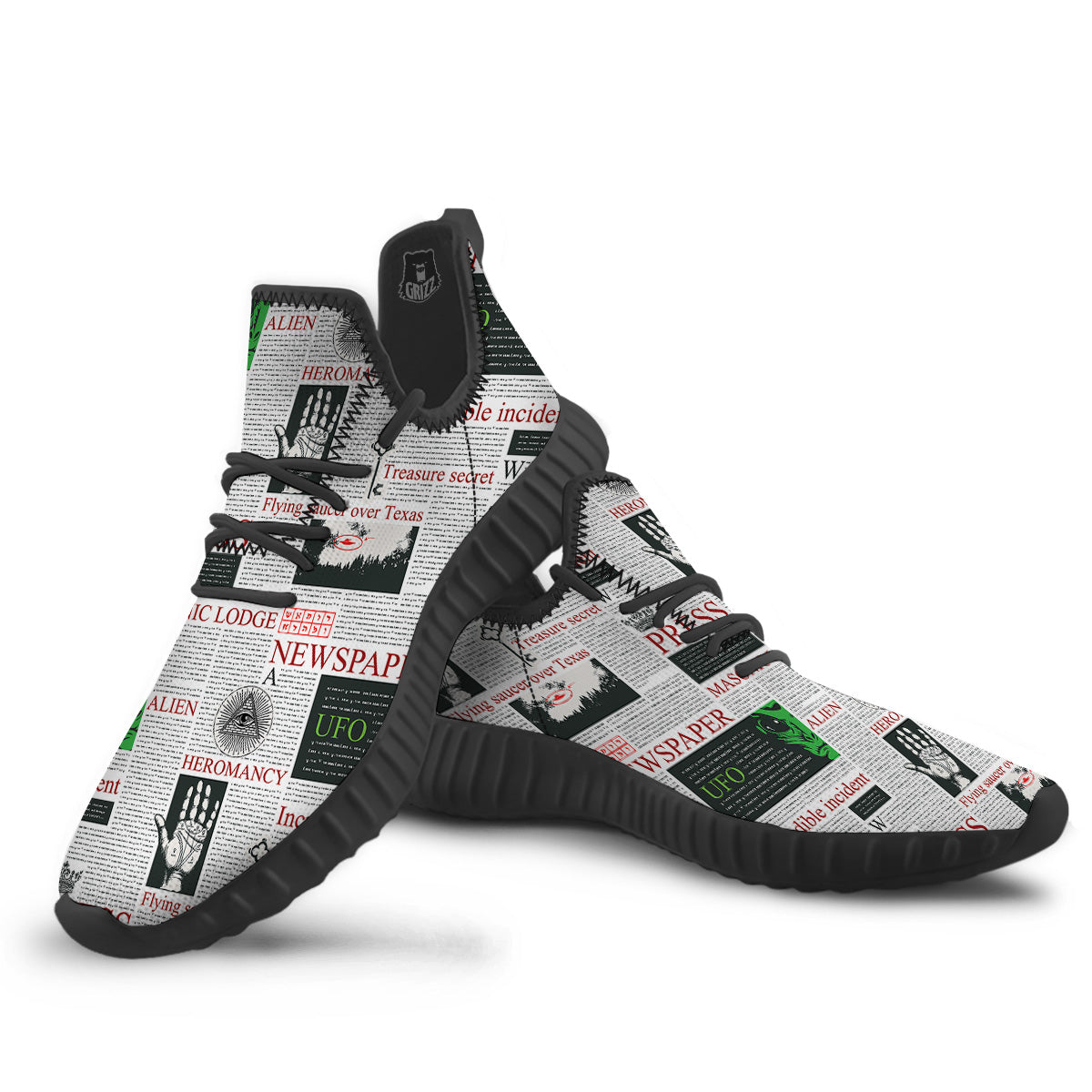 Newspaper Aliens Topic Print Pattern Black Walking Shoes-grizzshop