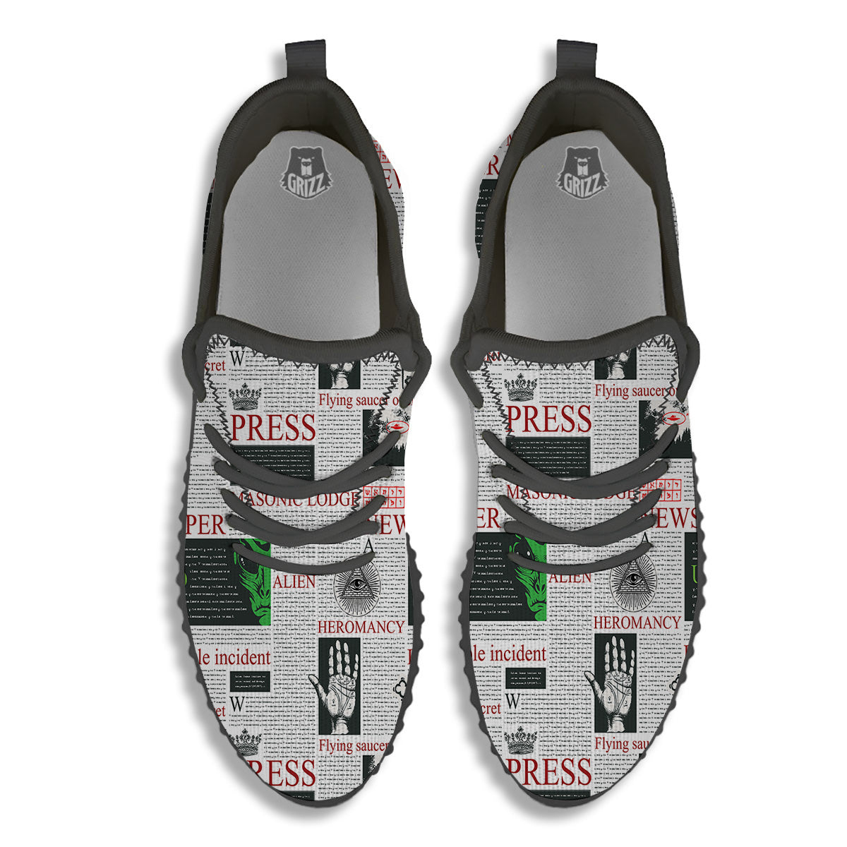 Newspaper Aliens Topic Print Pattern Black Walking Shoes-grizzshop