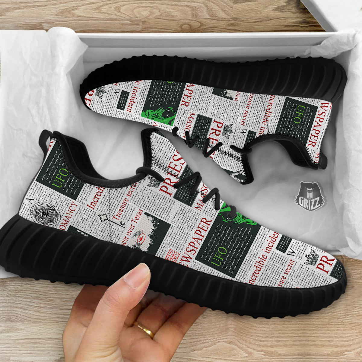Newspaper Aliens Topic Print Pattern Black Walking Shoes-grizzshop