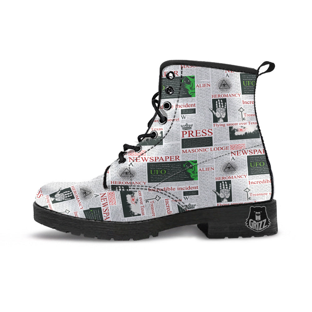Newspaper Aliens Topic Print Pattern Leather Boots-grizzshop